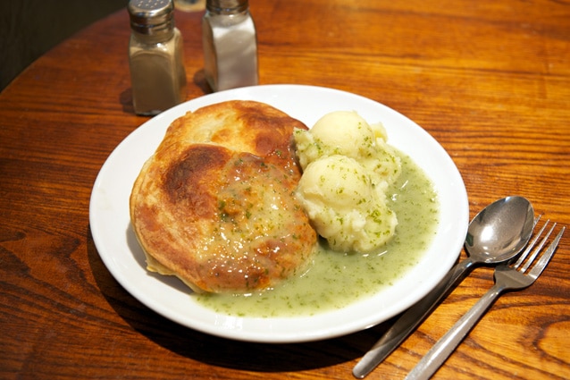 Pie mash and liquor on a plate